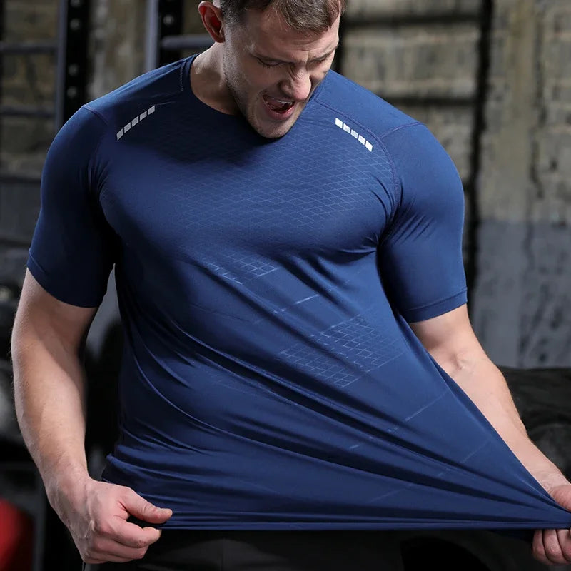 Hommes mince glace soie hauts course à manches courtes sport T-shirt gymnase Fitness entraînement musculaire sweat sec ajustement serré survêtements
