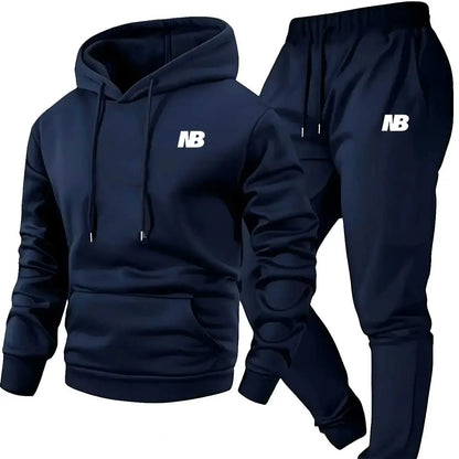 Ensemble deux pièces sportif pour hommes, sweat à capuche et pantalon, logo gris noir, coupe régulière non extensible avec poches pour l'automne/hiver
