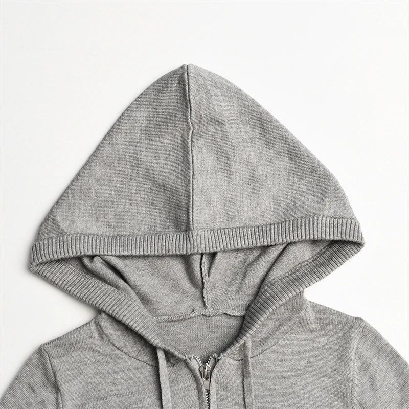 Tenue 2 pièces en tricot côtelé pour femmes, manches longues, fermeture éclair, coupe cintrée, haut court à capuche, pantalon Long élastique, ensemble survêtements Y2K