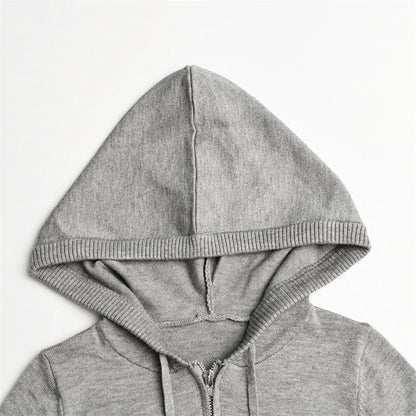 Tenue 2 pièces en tricot côtelé pour femmes, manches longues, fermeture éclair, coupe cintrée, haut court à capuche, pantalon Long élastique, ensemble survêtements Y2K