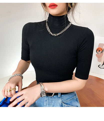 T-shirt col roulé manches courtes femme, basique, en coton, slim, décontracté, élastique, blanc