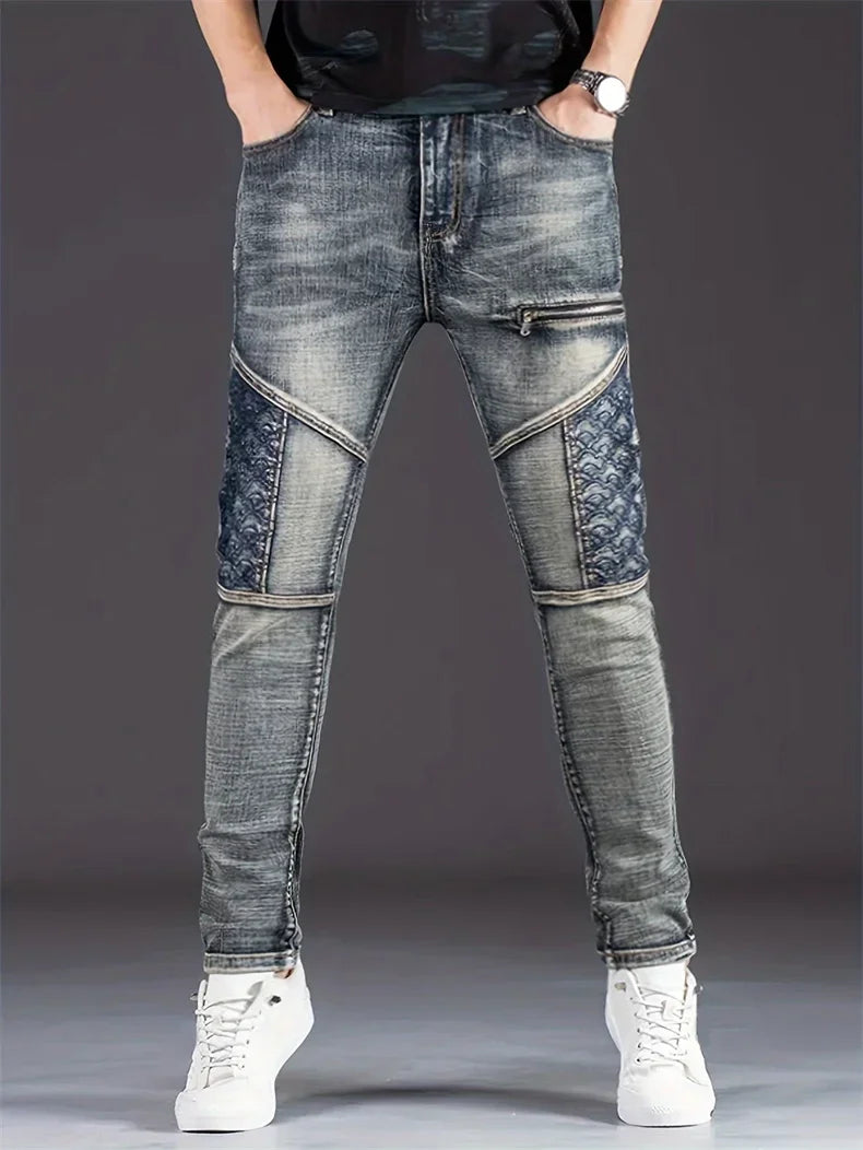 Jean de moto pour hommes, Streetwear, extensible, mode nostalgique   Pantalon en jean décontracté, Slim, droit, patchwork, pantalon de cowboy délavé