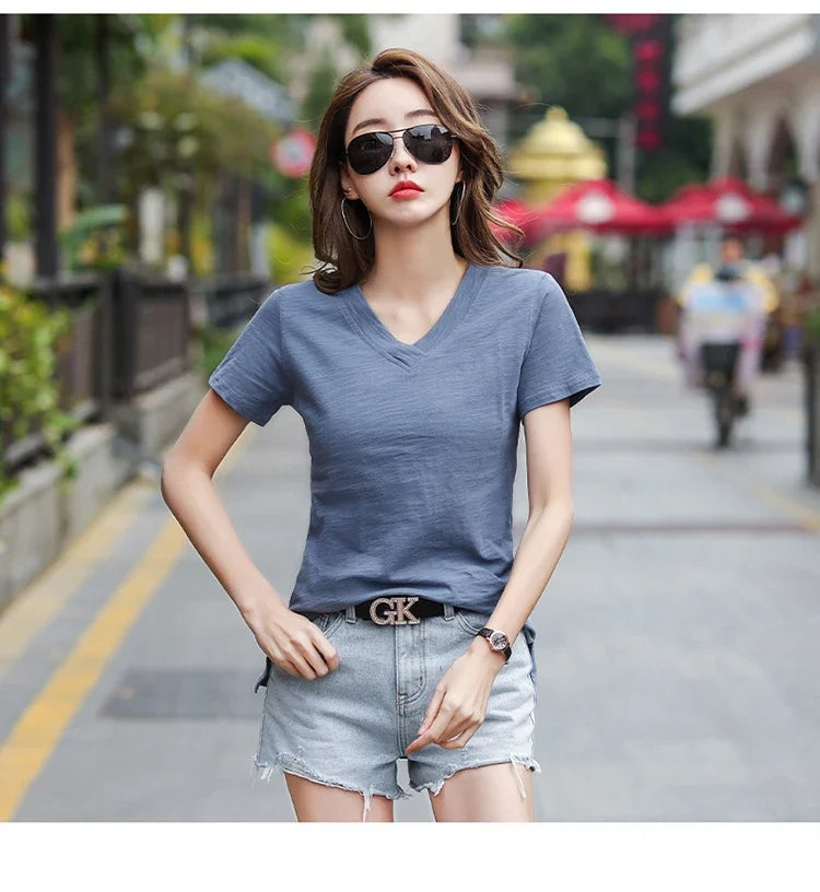T-Shirt pour femmes 2025 été hauts basique solide coton T-Shirt décontracté Femme vêtements col en v t-shirts à manches courtes T-Shirt Femme