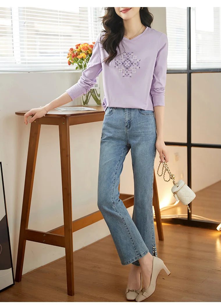 T-shirt à manches longues pour femmes, haut fin et ample, à la mode, intérieur et extérieur, printemps et automne, 2025