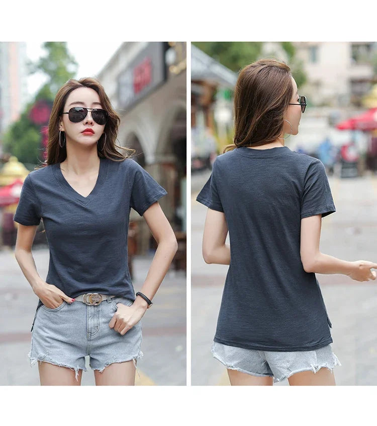 T-Shirt pour femmes 2025 été hauts basique solide coton T-Shirt décontracté Femme vêtements col en v t-shirts à manches courtes T-Shirt Femme