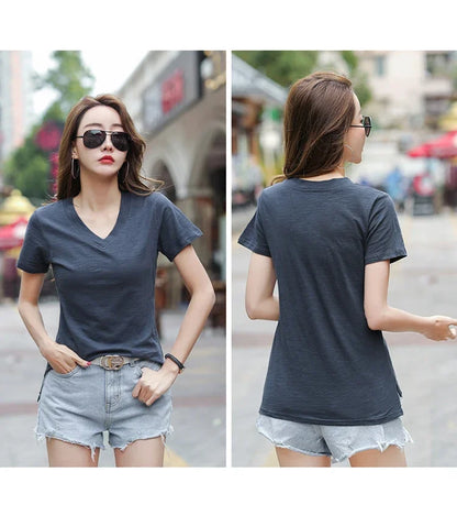 T-Shirt pour femmes 2025 été hauts basique solide coton T-Shirt décontracté Femme vêtements col en v t-shirts à manches courtes T-Shirt Femme