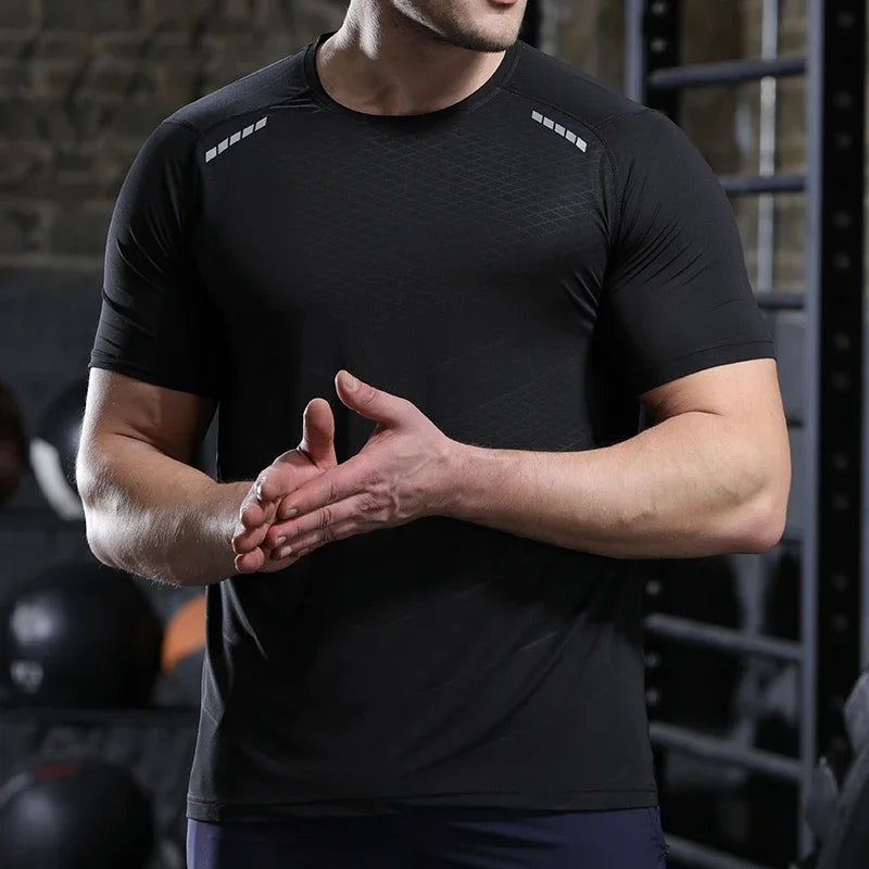 Hommes mince glace soie hauts course à manches courtes sport T-shirt gymnase Fitness entraînement musculaire sweat sec ajustement serré survêtements