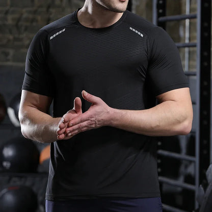 Hommes mince glace soie hauts course à manches courtes sport T-shirt gymnase Fitness entraînement musculaire sweat sec ajustement serré survêtements