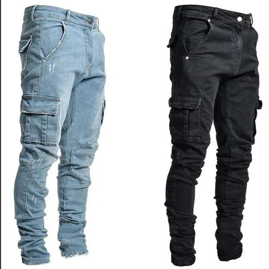 Jean en Denim élastique pour hommes, couleur unie, pantalon Cargo multi-poches, décontracté, coupe cintrée, usage quotidien, jogging, taille moyenne