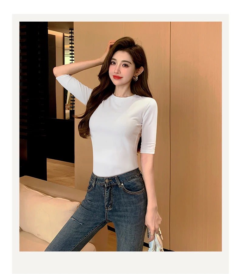 T-shirt en coton à manches moyennes pour femmes, col haut, intérieur mince, astronomique, manches moyennes, Y-Soft respirant