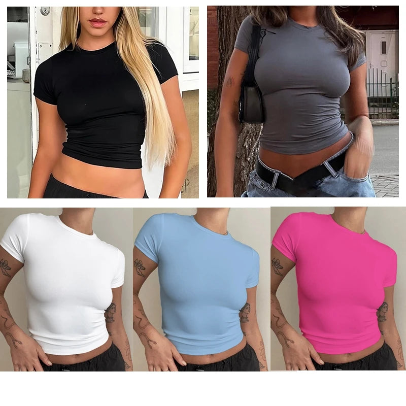 Femme vêtements à manches courtes T-shirt coupe ajustée hauts femme col rond tricoté gaine T-shirt vêtements de rue sexe sportif 2024 Y2K New2410