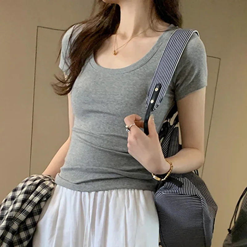 Femme 2025 été décontracté coton t-shirt pour femmes à manches courtes t-shirts mode femmes vêtements mince basique col rond Y2K t-shirt