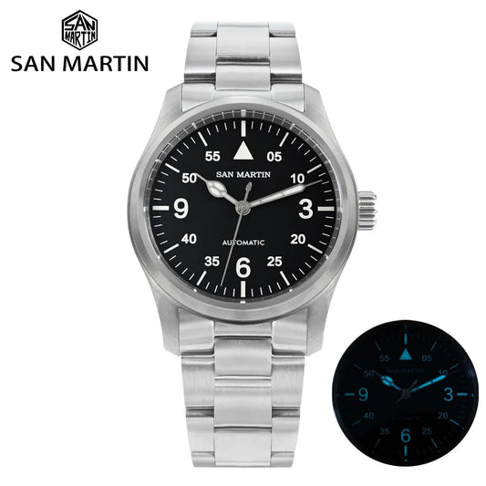 San Martin – montre pilote pour hommes, 37mm, Miyota 8215, mode Simple, militaire, automatique, mécanique, étanche à 100m, BGW-9