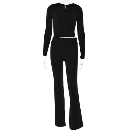 Ensemble tricoté 2 pièces pour femmes, survêtement à manches longues, fermeture éclair, pull à capuche, haut court, pantalon évasé, extensible, assorti, tenue