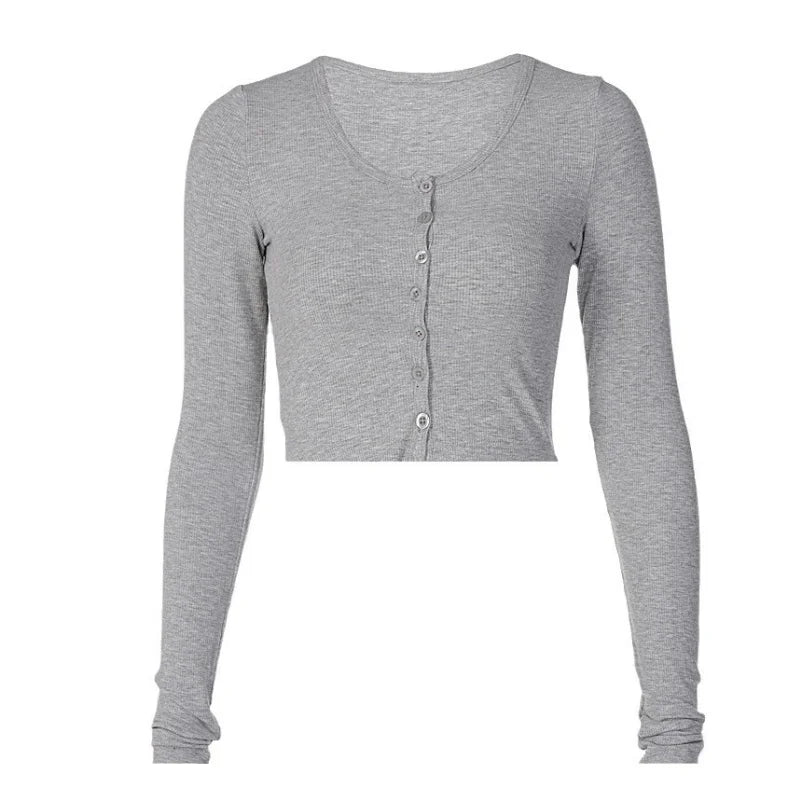 T-shirt à simple boutonnage à manches longues haut court couleur unie t-shirts pour femmes Streetwear coupe ajustée dame tenue Camisetas Ropa Mujer