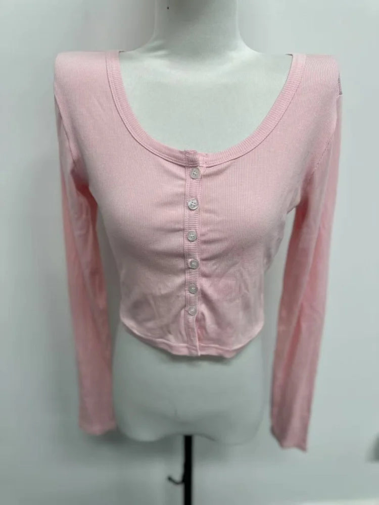 T-shirt à simple boutonnage à manches longues haut court couleur unie t-shirts pour femmes Streetwear coupe ajustée dame tenue Camisetas Ropa Mujer