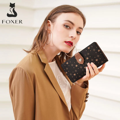 FOXER femmes Long portefeuille carte et porte-passeport élégant pochette dame monogramme PVC avec bracelet sac de téléphone portable femme porte-monnaie