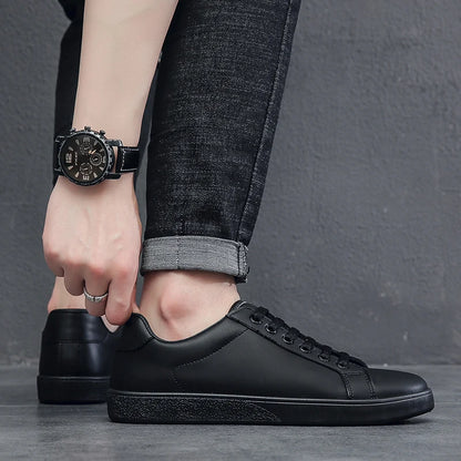 Chaussures vulcanisées pour hommes, baskets basses plates décontractées, blanches, Zapatillas Hombre, livraison directe, cuir noir