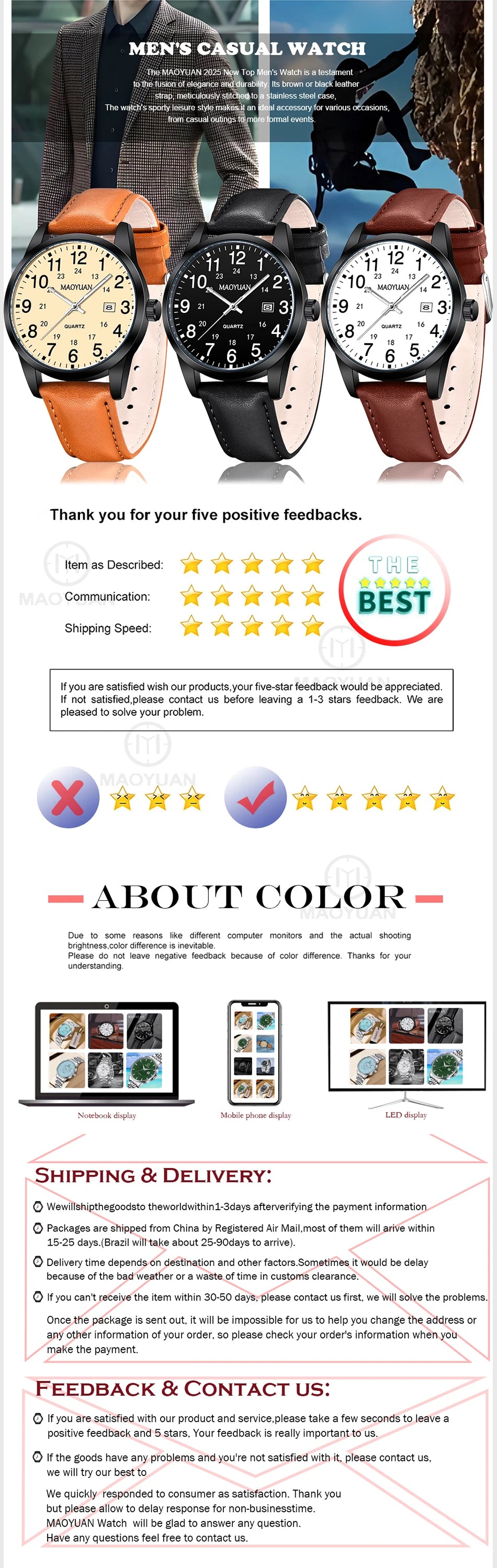 MAOYUAN 2025 nouveau haut montre pour hommes calendrier sport loisirs mode Style marron noir cuir étanche montre à Quartz