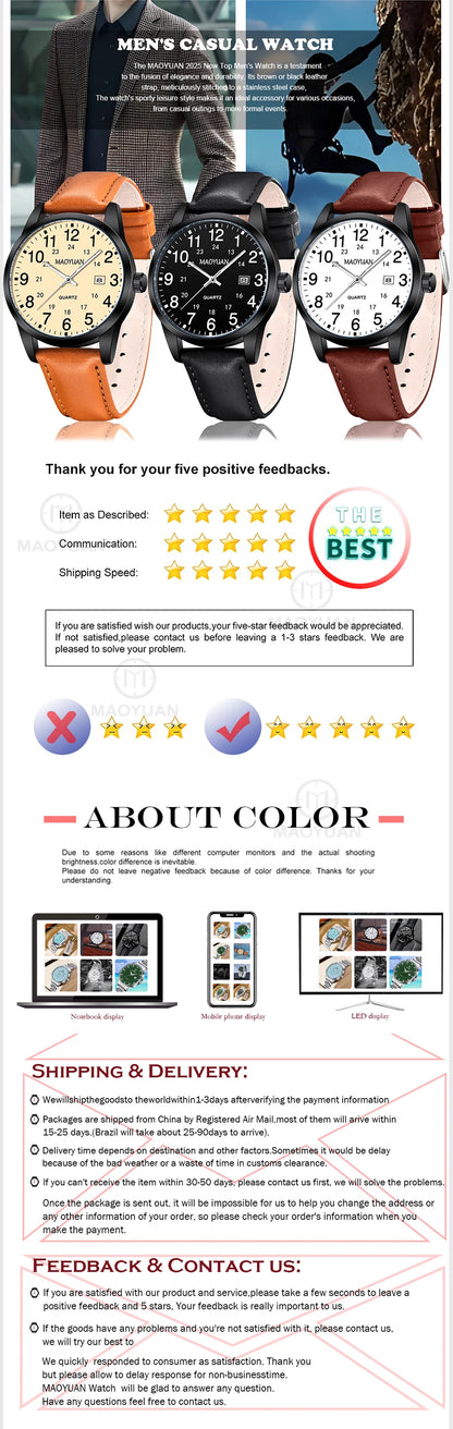 MAOYUAN 2025 nouveau haut montre pour hommes calendrier sport loisirs mode Style marron noir cuir étanche montre à Quartz