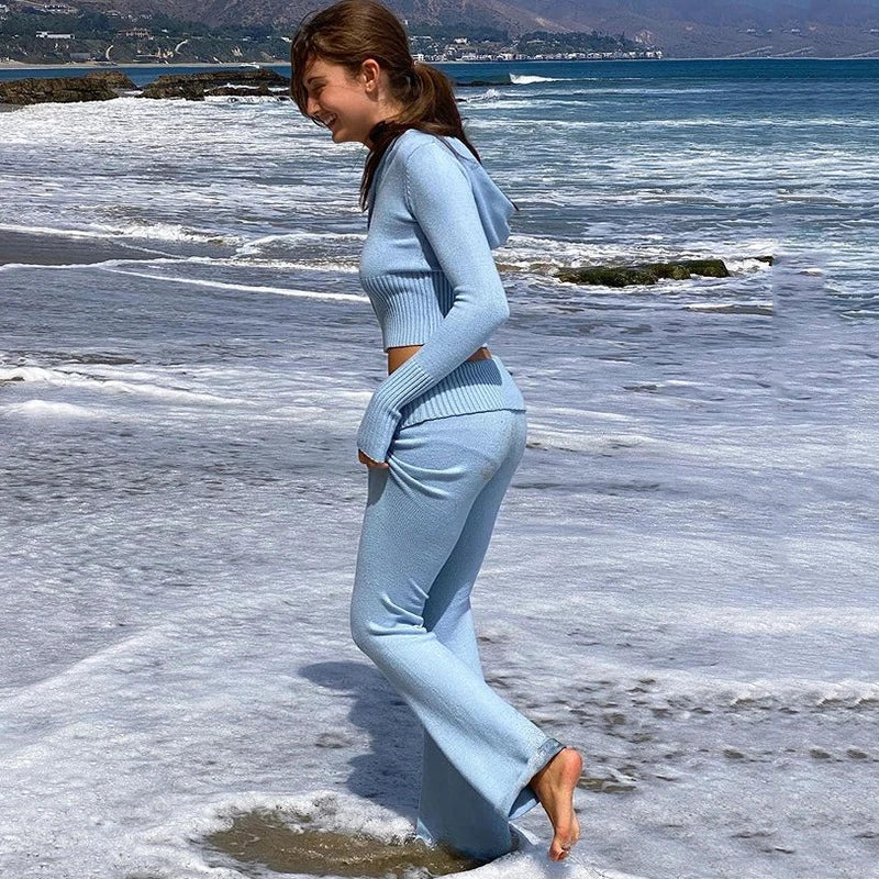 Tenue 2 pièces en tricot côtelé pour femmes, manches longues, fermeture éclair, coupe cintrée, haut court à capuche, pantalon Long élastique, ensemble survêtements Y2K