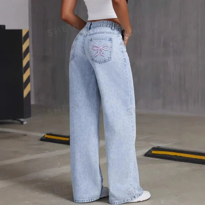 Jean pantalon droit femmes Denim lavé Jean pleine longueur maman broderie poches ample taille haute Vintage fermeture éclair mouche épissé