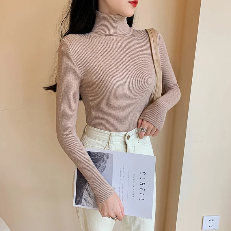 2025 automne hiver femmes à manches longues tricoté pliable col roulé côtelé Pull Pull doux chaud Femme Pull Pull vêtements