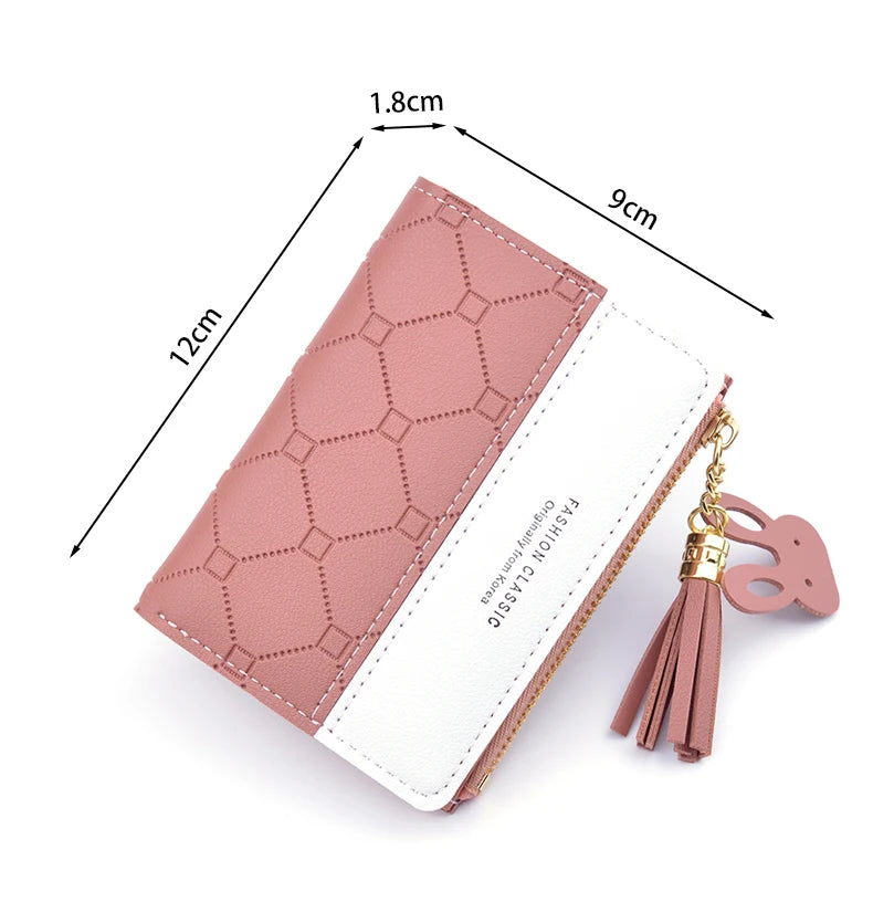 Portefeuille court patchwork pour femme, petit sac à main à fermeture éclair, portefeuilles à carreaux en relief, joli porte-cartes simple, mini sac d'argent rose