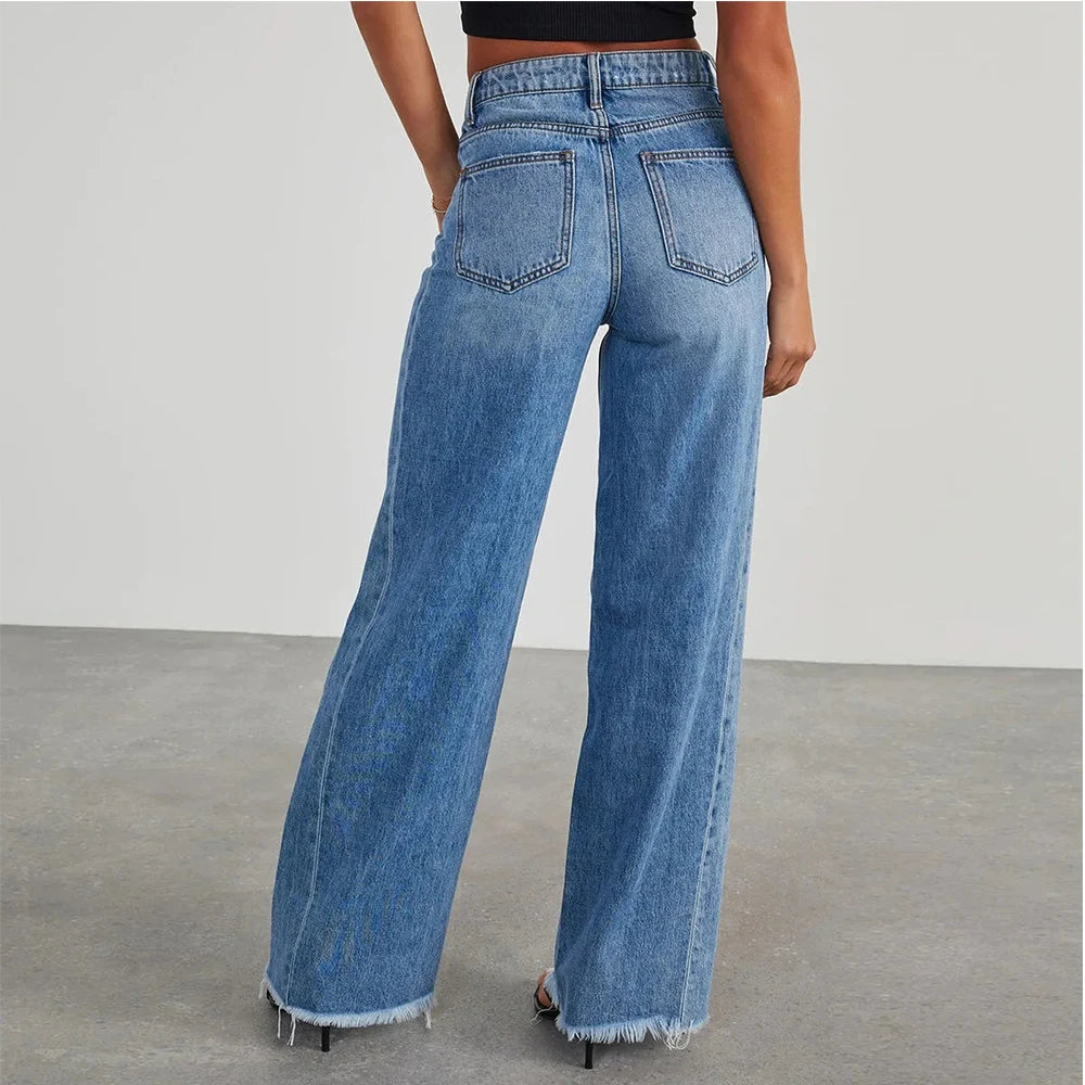Femmes Denim jean confortable jambe large taille haute mode pantalon ample printemps automne à la mode pantalon droit pantalons De Mujer