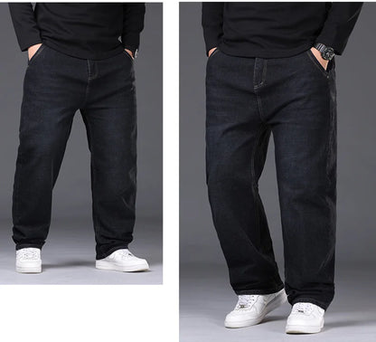 Jean extensible pour hommes, 29 à 50 tailles, pantalon en Denim à jambe droite, taille étendue, bleu/noir, Streetwear, coupe décontractée pour le travail et le décontracté