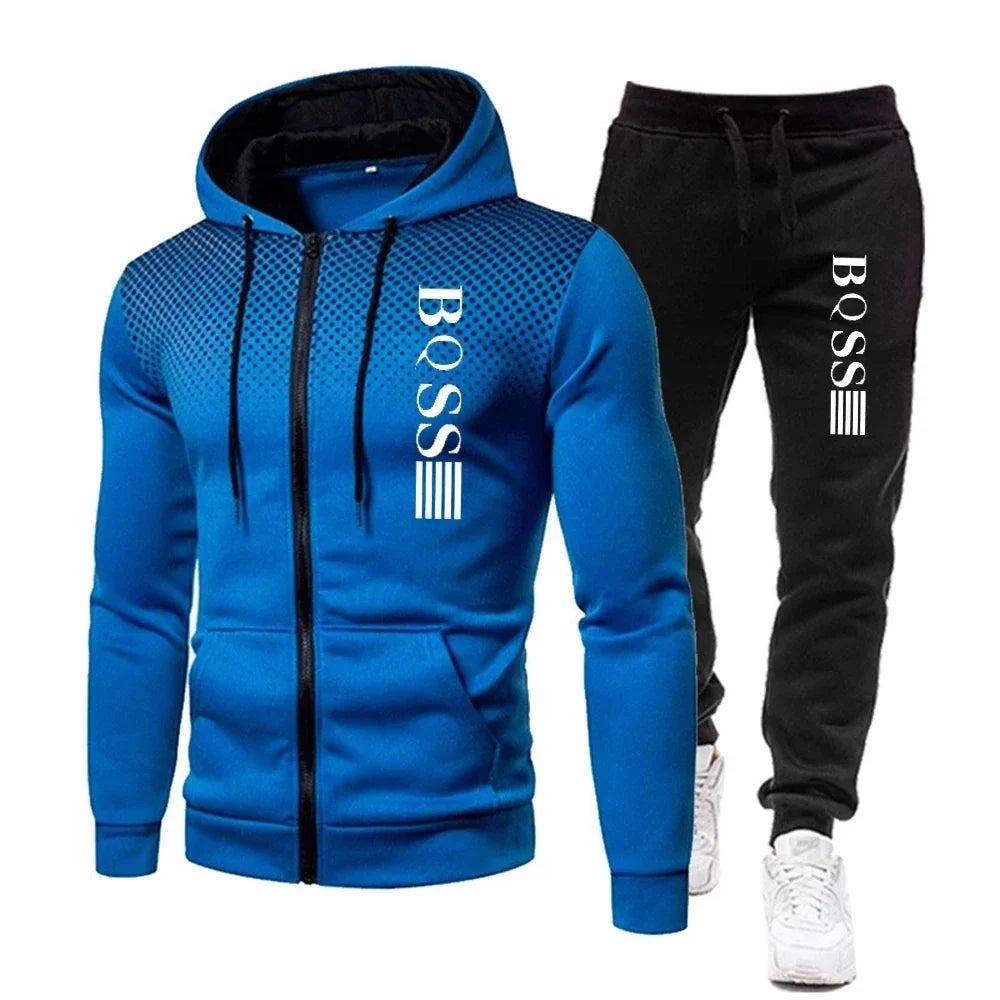 Mode imprimé survêtement pour hommes fermeture éclair sweat à capuche et pantalons de survêtement deux pièces costumes mâle décontracté Fitness Jogging ensembles de sport