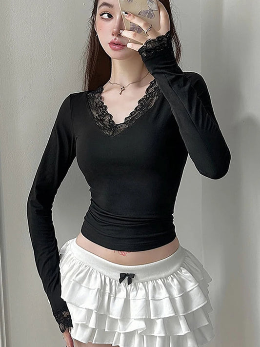 T-shirt femme nouveau Streetwear printemps mode décontracté mince T-shirt élégant femme Sexy noir dame polyvalent tricoté t-shirts vêtements