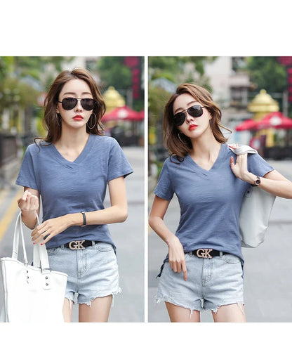 T-Shirt pour femmes 2025 été hauts basique solide coton T-Shirt décontracté Femme vêtements col en v t-shirts à manches courtes T-Shirt Femme