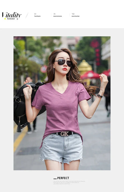 T-Shirt pour femmes 2025 été hauts basique solide coton T-Shirt décontracté Femme vêtements col en v t-shirts à manches courtes T-Shirt Femme