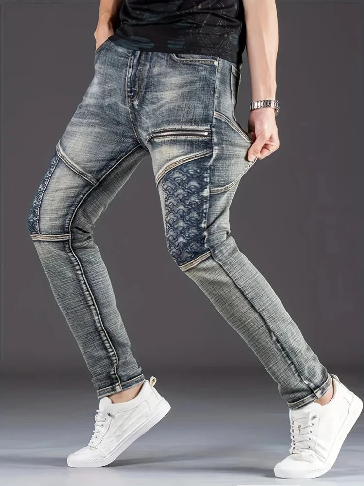 Jean de moto pour hommes, Streetwear, extensible, mode nostalgique   Pantalon en jean décontracté, Slim, droit, patchwork, pantalon de cowboy délavé