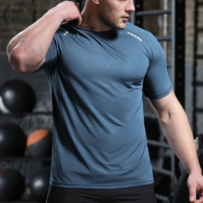 Hommes mince glace soie hauts course à manches courtes sport T-shirt gymnase Fitness entraînement musculaire sweat sec ajustement serré survêtements