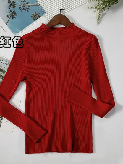 Nouveau en automne hiver femmes à manches longues tricoté col mi-haut côtelé Pull Pull doux chaud Femme Pull Pull vêtements