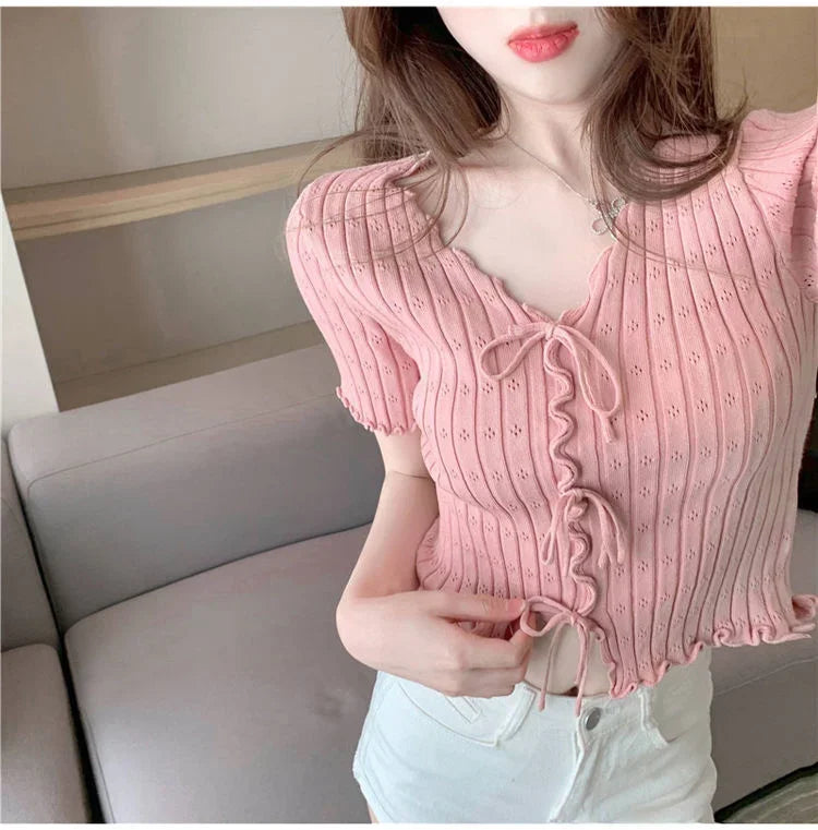 T-shirt à manches courtes pour femmes, haut court, blanc, été