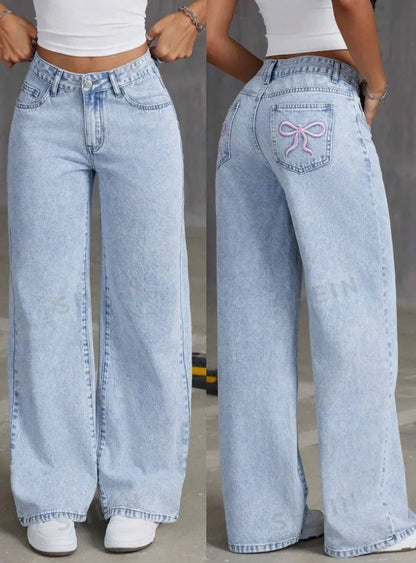 Jean pantalon droit femmes Denim lavé Jean pleine longueur maman broderie poches ample taille haute Vintage fermeture éclair mouche épissé