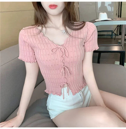 T-shirt à manches courtes pour femmes, haut court, blanc, été