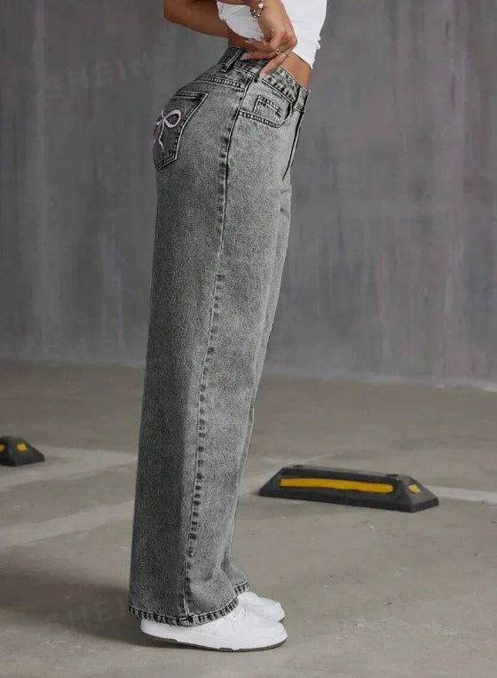 Jean pantalon droit femmes Denim lavé Jean pleine longueur maman broderie poches ample taille haute Vintage fermeture éclair mouche épissé