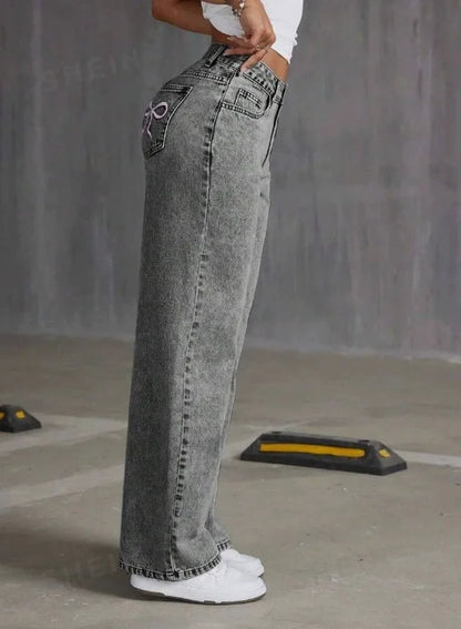 Jean pantalon droit femmes Denim lavé Jean pleine longueur maman broderie poches ample taille haute Vintage fermeture éclair mouche épissé