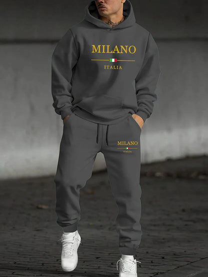Ensemble sweat-shirt à capuche + pantalon de survêtement pour hommes, mode décontractée, chaud, motif MILANO ITALIA imprimé, ample, peluche épaisse, automne et hiver