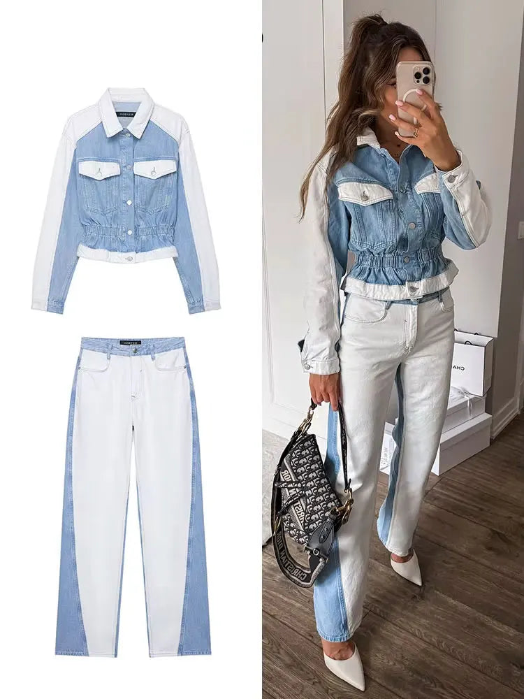 HH – costume en Denim Vintage pour femme, manteau à revers à manches longues et simple boutonnage + jean taille haute à jambes larges, ensemble de mode de rue, automne 2024