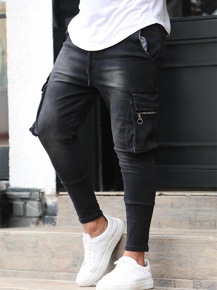 Jean homme Denim Cargo pantalon lavage couleur unie Multi poches décontracté taille moyenne pantalon rue Elasti coupe ajustée usage quotidien Joggers