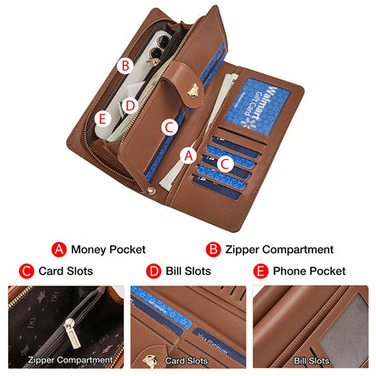 FOXER femmes Long portefeuille carte et porte-passeport élégant pochette dame monogramme PVC avec bracelet sac de téléphone portable femme porte-monnaie