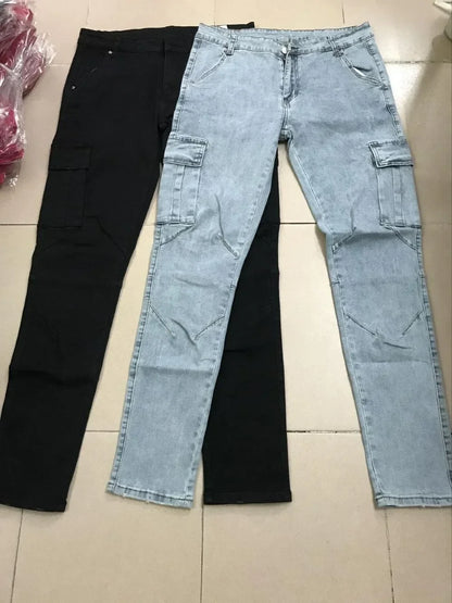 Jean en Denim élastique pour hommes, couleur unie, pantalon Cargo multi-poches, décontracté, coupe cintrée, usage quotidien, jogging, taille moyenne