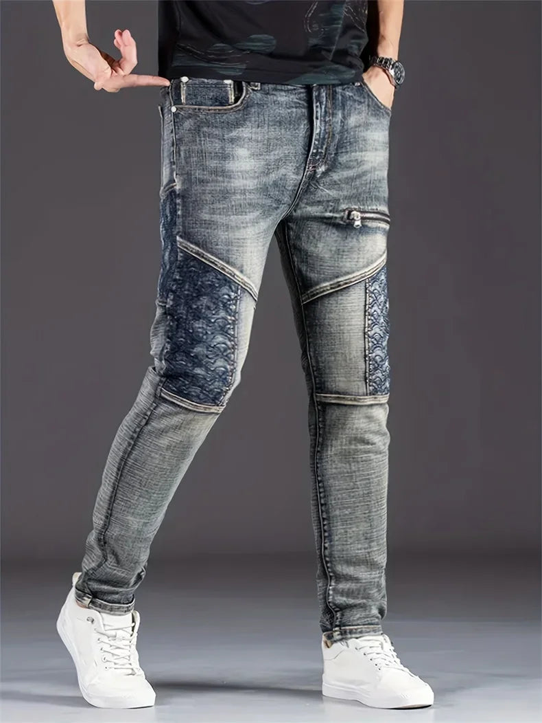 Jean de moto pour hommes, Streetwear, extensible, mode nostalgique   Pantalon en jean décontracté, Slim, droit, patchwork, pantalon de cowboy délavé