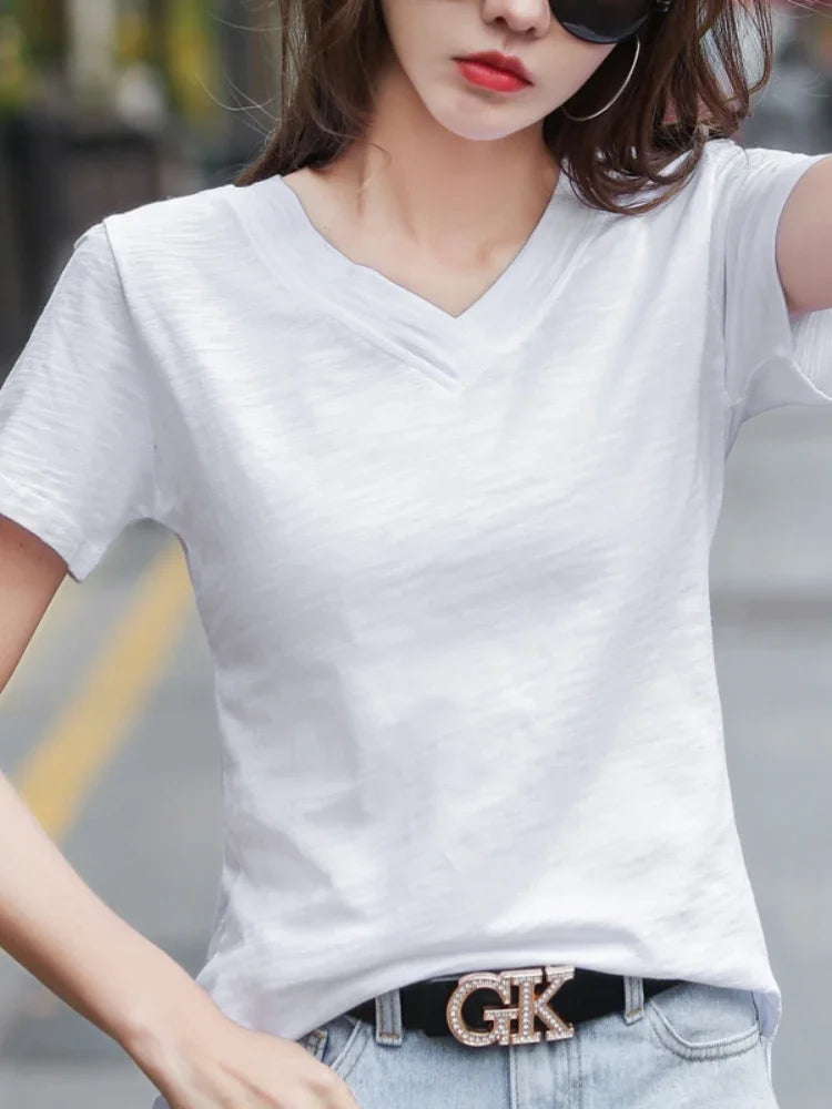 T-Shirt pour femmes 2025 été hauts basique solide coton T-Shirt décontracté Femme vêtements col en v t-shirts à manches courtes T-Shirt Femme