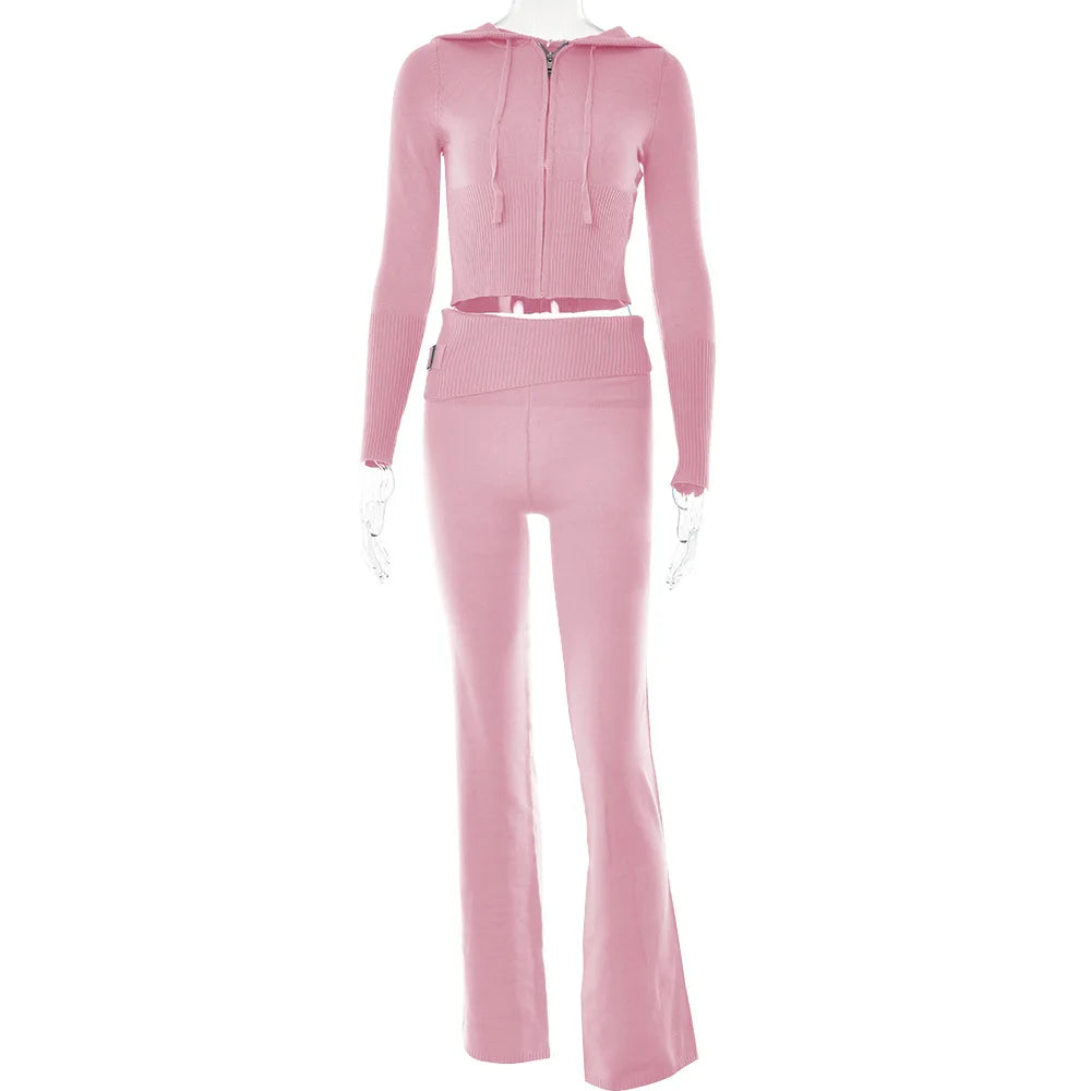 Ensemble tricoté 2 pièces pour femmes, survêtement à manches longues, fermeture éclair, pull à capuche, haut court, pantalon évasé, extensible, assorti, tenue